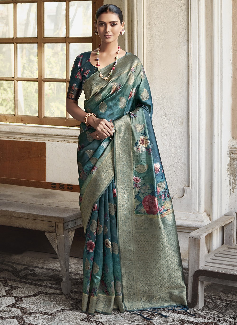 Buy Teal Festival Designer Traditional Saree Online 258689