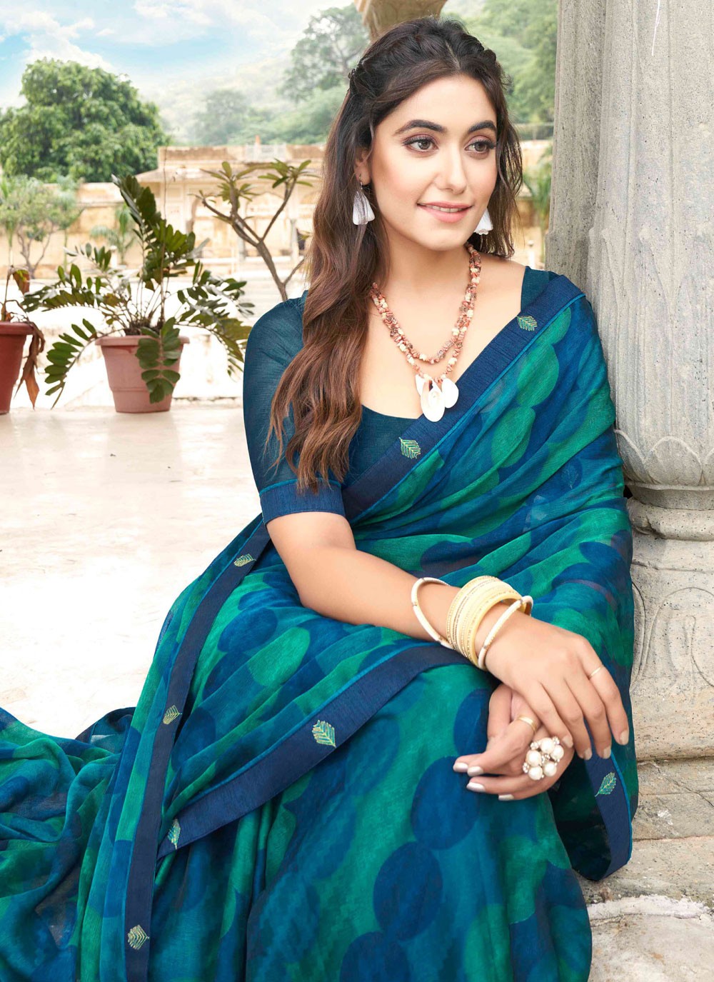 Buy Online Teal Geometric Print Chiffon Designer Saree 271194