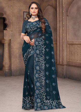 Teal Georgette Embroidered and Resham Work Classic Saree for Ceremonial
