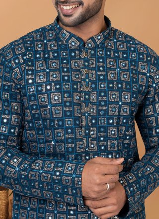 Teal Georgette Embroidered and Sequins Work Kurta Pyjama for Men