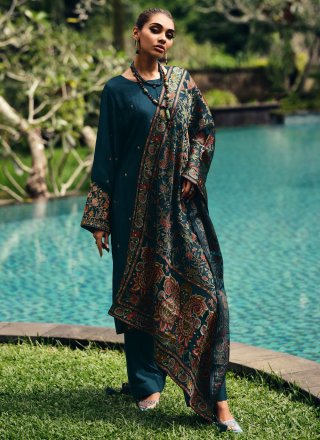 Teal Muslin Embroidered Work Salwar Suit
