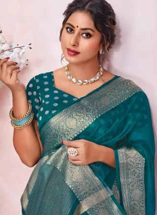 Teal Organza Classic Saree with Patch Border and Woven Work for Casual