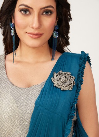 Teal Plain Trendy Saree