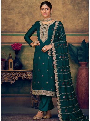 Teal Pure Silk Engagement Salwar Kameez
