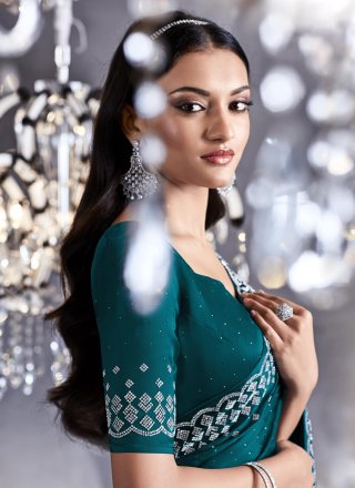 Teal Satin Embroidered Work Classic Sari for Women