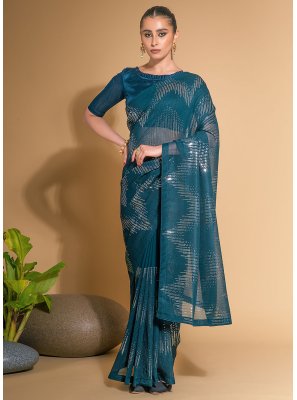 Teal Sequins Trendy Saree