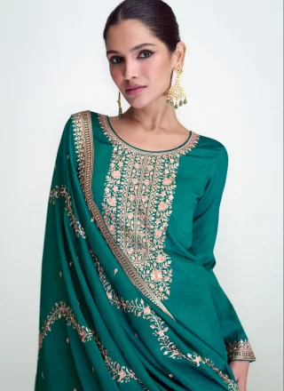 Teal Silk Salwar Suit with Embroidered and Resham Work for Women