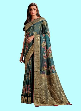 Slate Grey Plain Viscose Uppada Silk Saree With Sequins Lace