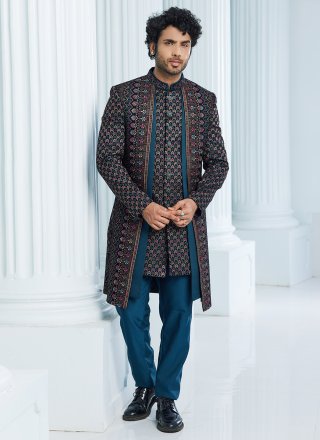 Teal Velvet Indo Western Sherwani with Machine Embroidery and Thread Work