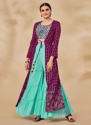 Thread Georgette Palazzo Salwar Kameez in Wine