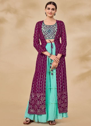 Thread Georgette Palazzo Salwar Kameez in Wine