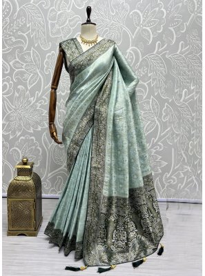 Thread Kanjivaram Silk Aqua Blue Trendy Saree