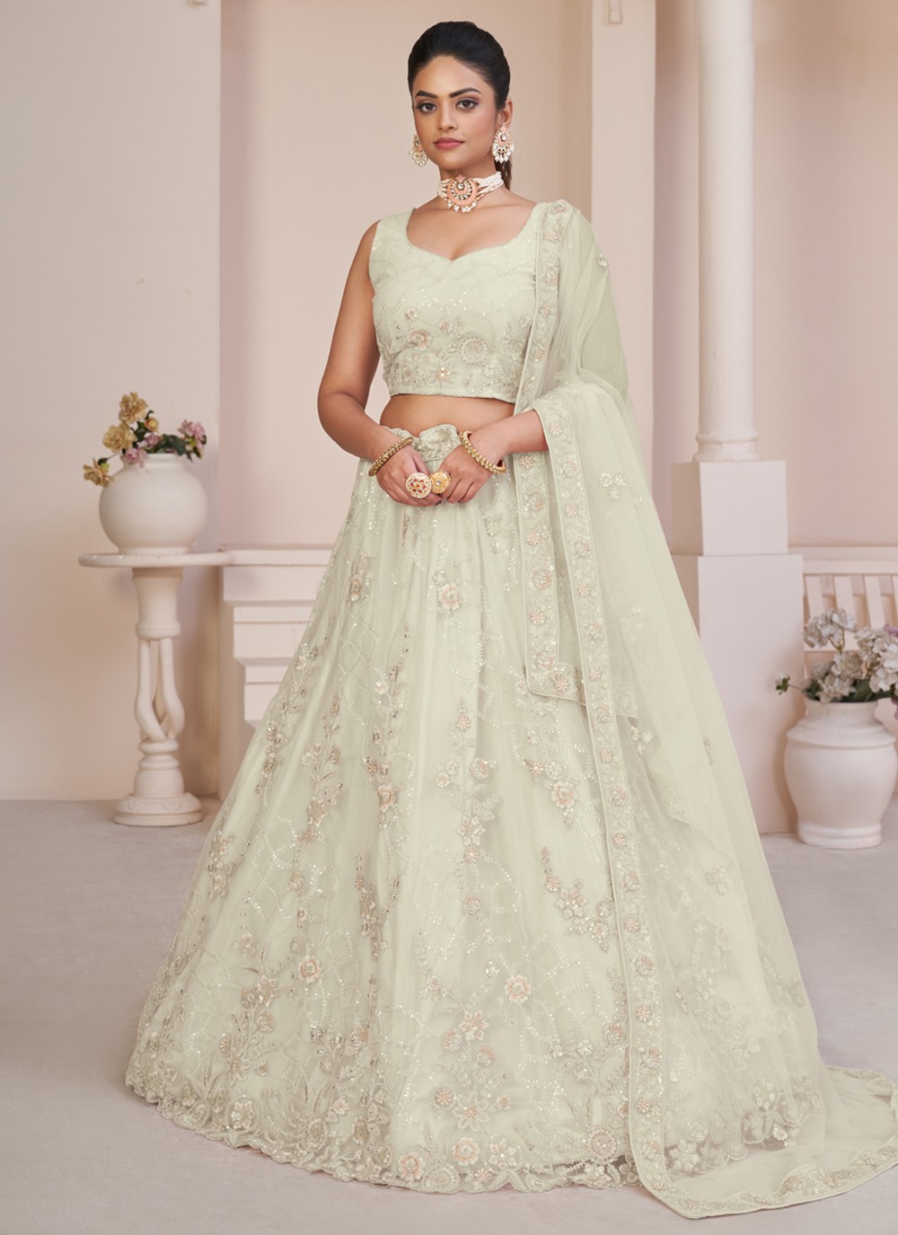 Buy Latest Off White Georgette Wedding Wear Thread Work Lehenga Choli  Online From Wholesale Salwar.