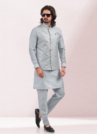 Thread Work Art Banarasi Silk Kurta Payjama With Jacket in Grey