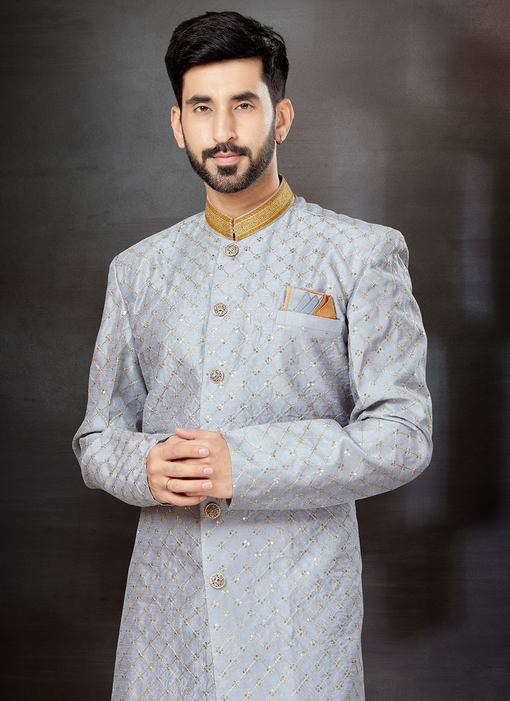 Buy Online Thread Work Banarasi Jacquard Indo Western Sherwani in ...