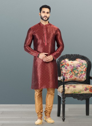 Thread Work Banarasi Silk Kurta Pyjama in Maroon