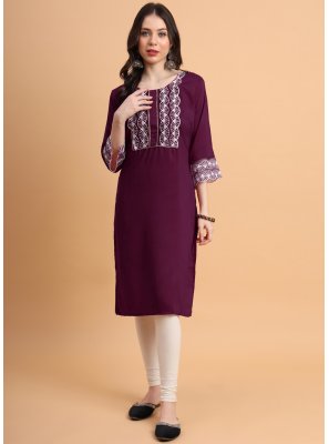 Thread Work Cotton Silk Wine Casual Kurti