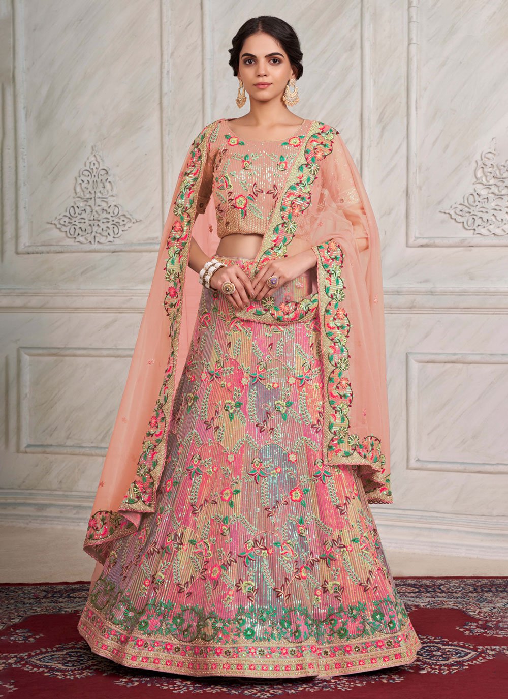 Cream and Pink Banarasi Silk Bridal Lehenga Choli Online USA UK – Sunasa