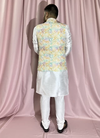 Thread Work Silk Kurta Payjama With Jacket in Multi Colour and White