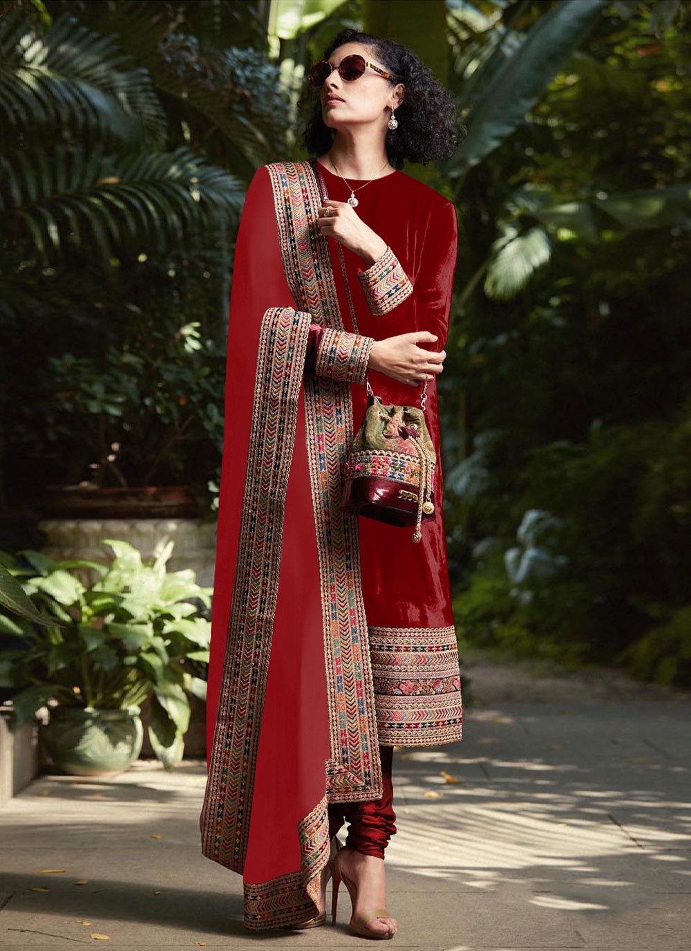 Thread Work Velvet Red Long Length Salwar Suit