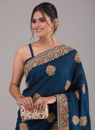 Thread Work Vichitra Silk Classic Saree in Navy Blue