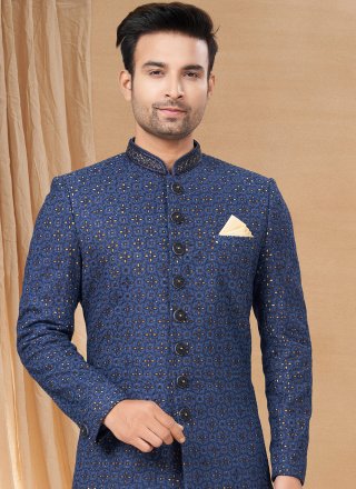 Thrilling Blue Lucknowi Indo Western with Machine Embroidery and Thread Work