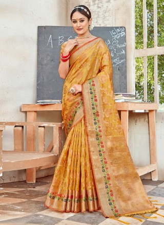 Traditional Designer Saree Embroidered Organza in Yellow