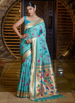 Turquoise Banarasi Silk Woven Work Classic Sari