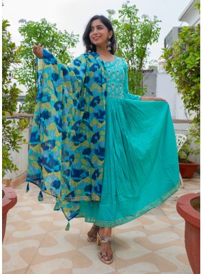 Turquoise Cotton Anarkali Salwar Kameez