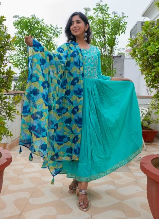 Turquoise Cotton Anarkali Salwar Kameez
