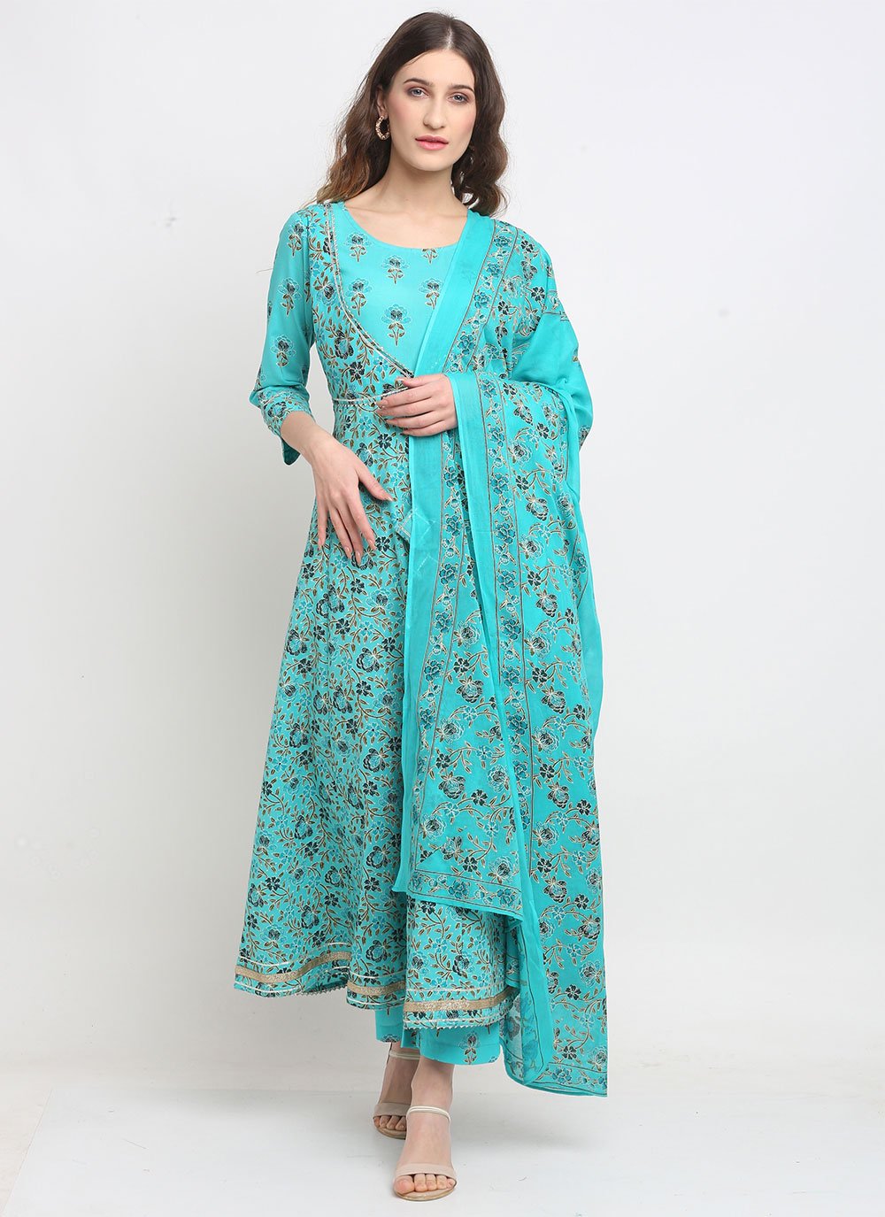 Turquoise Cotton Designer Salwar Kameez