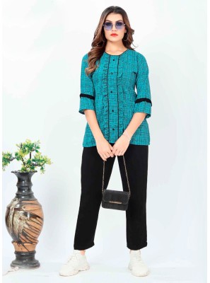Turquoise Cotton Party Wear Kurti