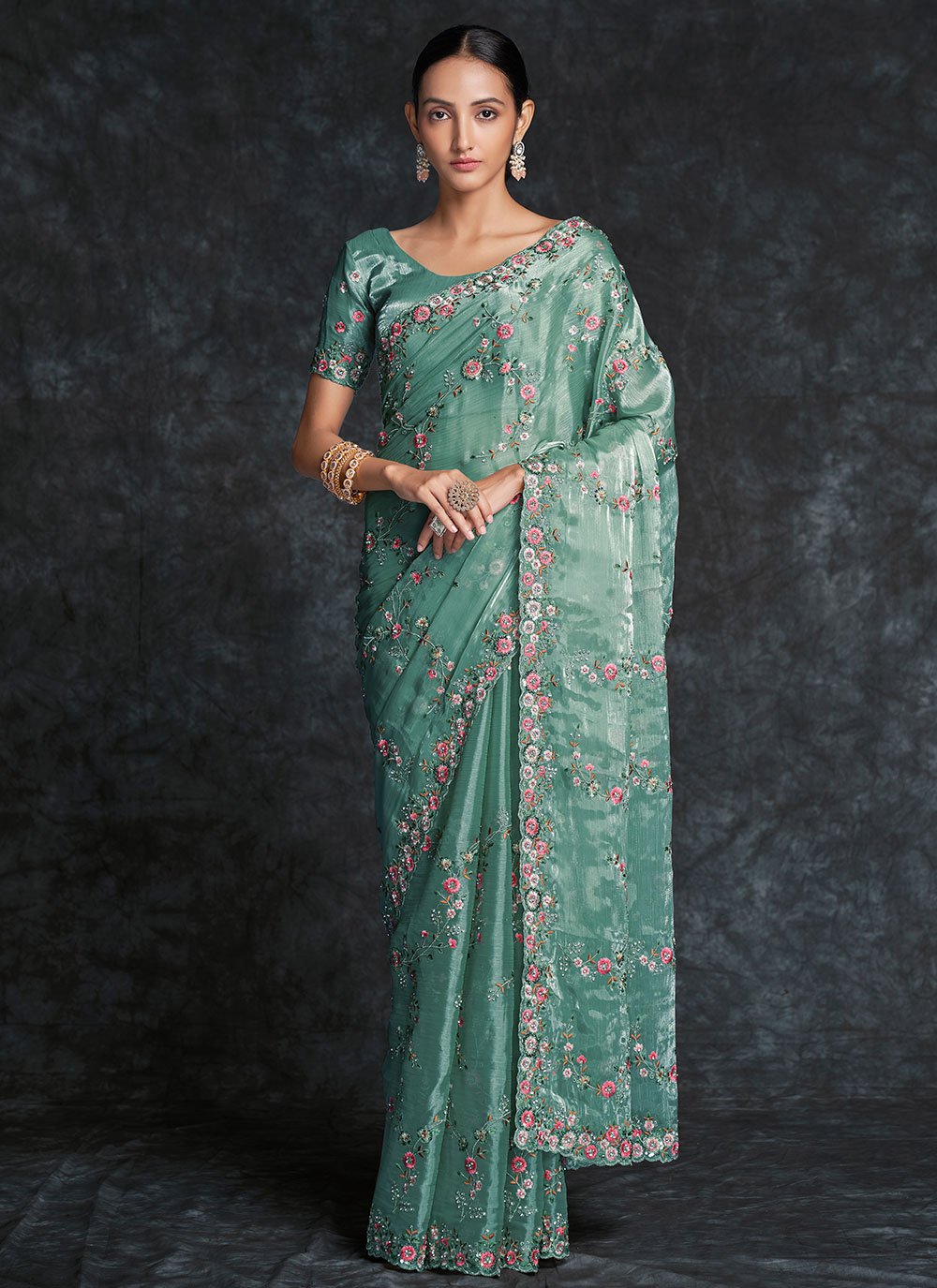 Turquoise Embroidered Contemporary Saree
