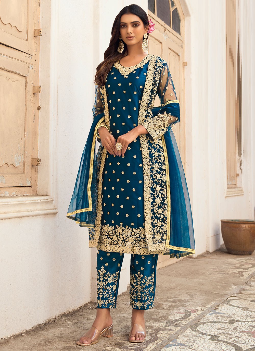Turquoise Embroidered Jacket Style Salwar Suit