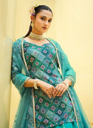 Turquoise Embroidered Sangeet Long Choli Lehenga