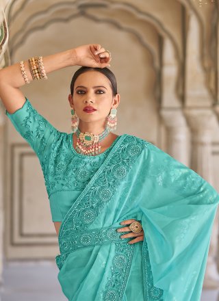 Embroidered Work Fancy Fabric Classic Sari In Turquoise for Ceremonial
