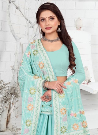 Turquoise Faux Crepe Wedding Trendy Saree