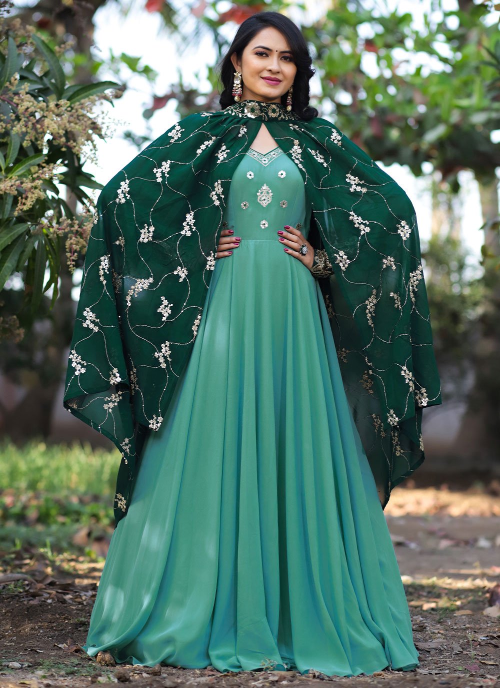 Turquoise Georgette Thread Floor Length Gown