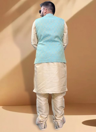 Turquoise Jacquard Engagement Nehru Jackets