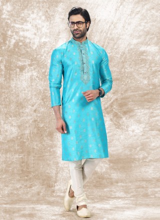Turquoise Jacquard Silk Kurta Pyjama
