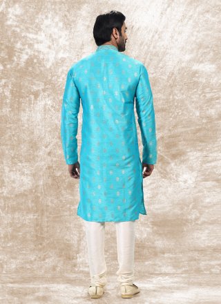 Turquoise Jacquard Silk Kurta Pyjama