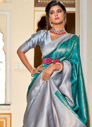 Turquoise Jacquard Work Banarasi Silk Contemporary Style Saree