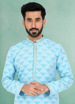 Turquoise Jacquard Work Kurta Pyjama