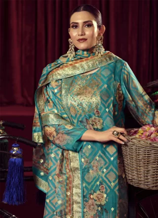Turquoise Organza Digital Print and Woven Work Salwar Suit