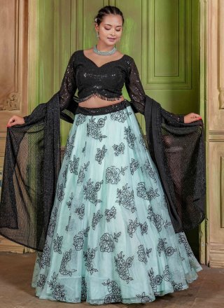 Turquoise Organza Readymade Lehenga Choli with Embroidered and Sequins Work for Mehndi