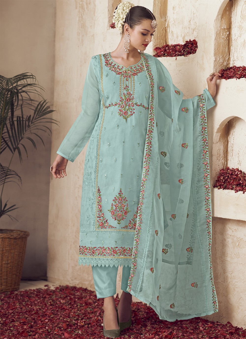 Turquoise Party Organza Salwar Suit