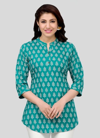 Turquoise Rayon Casual Party Wear Kurti