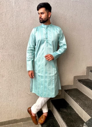 Turquoise Sangeet Jacquard Silk Kurta Pyjama