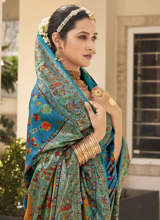 Turquoise Silk Weaving Work Trendy Saree for Festival