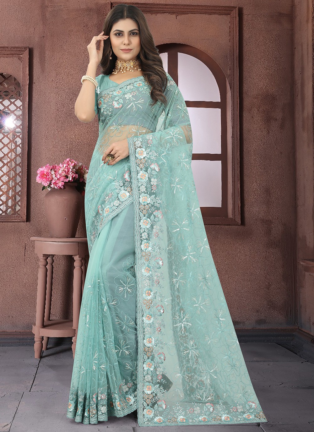 Traditional Wedding Wear Teal Color Jacquard Work Smooth Silk Plus Size  Saree - 7082174205